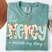 His Mercy Rewrote My Story Christian T-Shirt Floral Faith Comfort Colors Tee